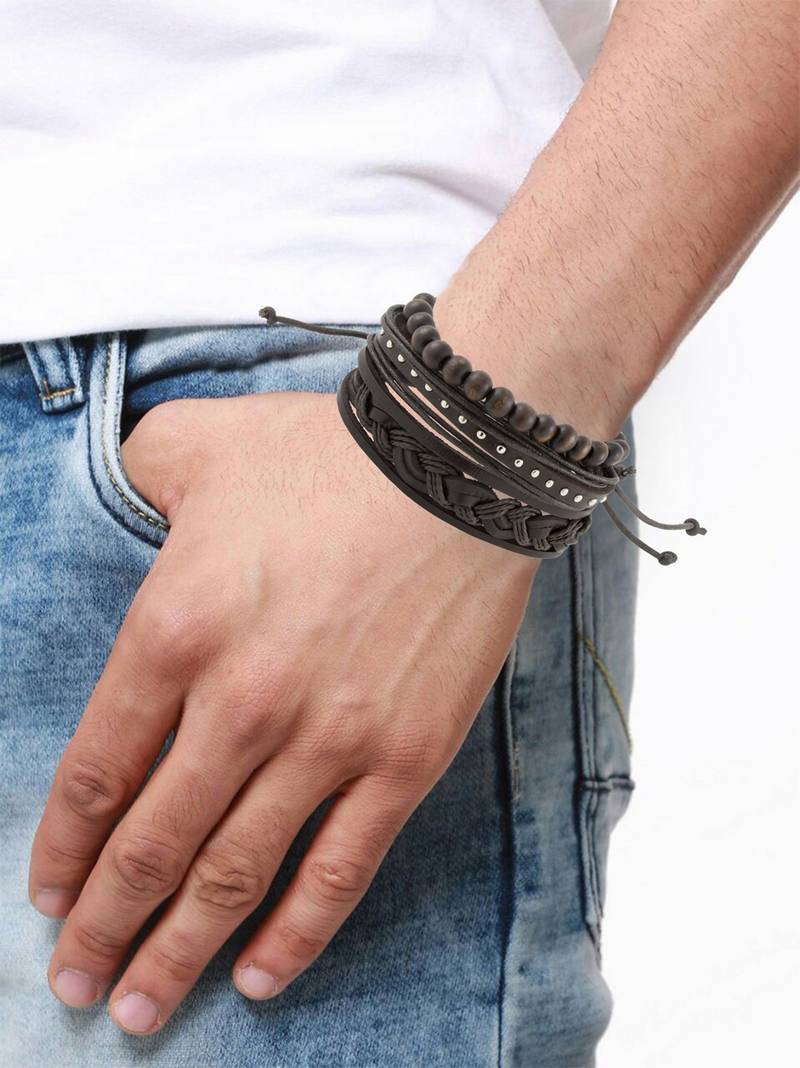 Vintage Biker Multi Strand Leather Dark Brown Wood Beads Adjustable