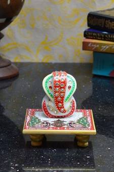Marble Crystal studded Lord Ganesha Chowki with Peocock and Kalash