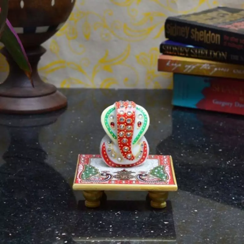 Marble Crystal studded Lord Ganesha Chowki with Peocock and Kalash