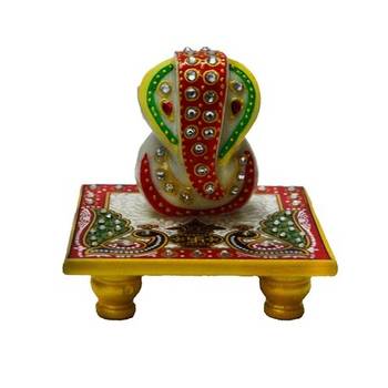 Marble Crystal studded Lord Ganesha Chowki with Peocock and Kalash 2