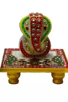 Marble Crystal studded Lord Ganesha Chowki with Peocock and Kalash