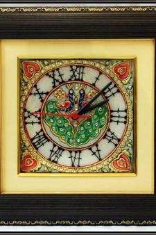 Garnished Peocock Design Marble Wall Clock with LED and Wooden Frame