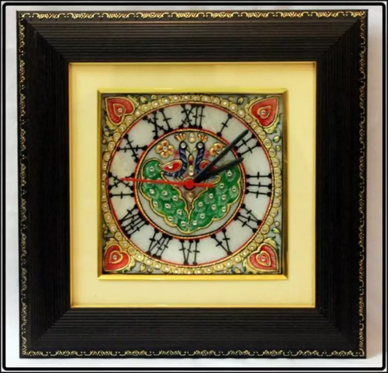 Garnished Peocock Design Marble Wall Clock with LED and Wooden Frame