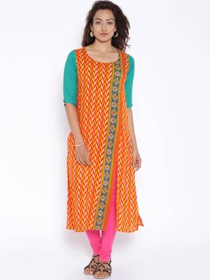Orange  printed cotton stitched kurtas and kurtis 1