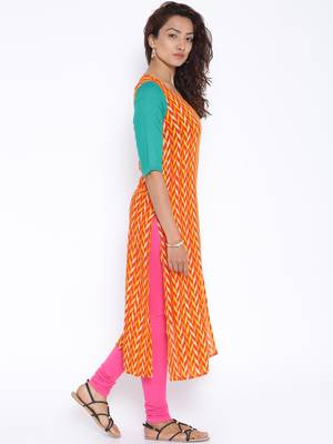 Orange  printed cotton stitched kurtas and kurtis 4
