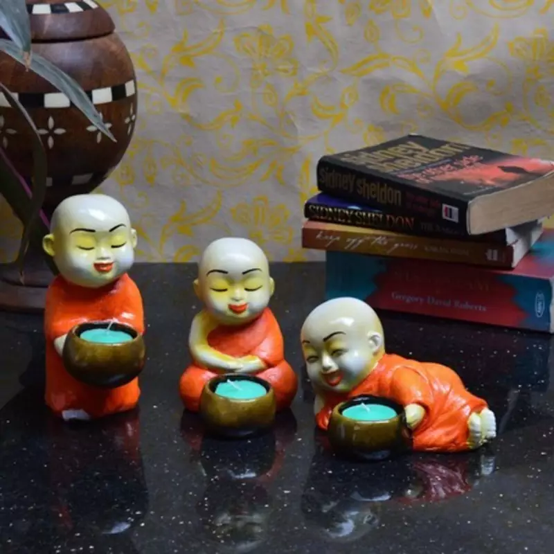 Set of 3 Monks Candle Holder - Orange