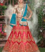 Pink Embroidered Net Unstitched Lehenga With Dupatta