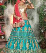 Blue Embroidered Net Unstitched Lehenga With Dupatta