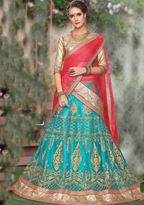 Blue Embroidered Net Unstitched Lehenga With Dupatta 2
