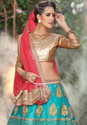 Blue Embroidered Net Unstitched Lehenga With Dupatta 3