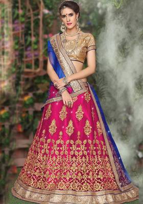 Pink Embroidered Net Unstitched Lehenga With Dupatta 1