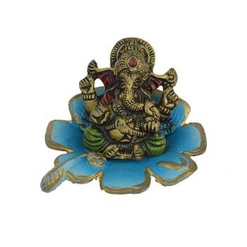Metal Ganesha Figurine on Decorative Sky Blue Leaf 2