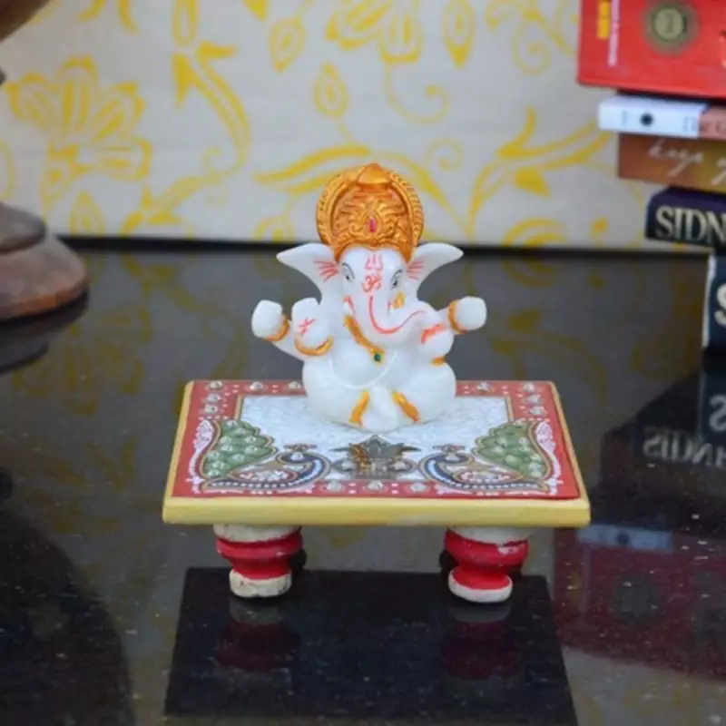 Lord Ganesha with Crown on Marble Chowki