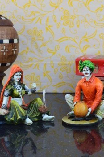 Combo of Rajasthani Craftmen and Lady Statue