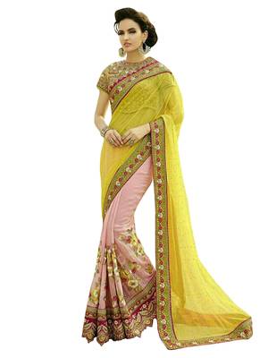  yellow embroidered net saree with blouse 1