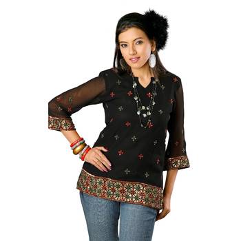 Black Printed Crepe Stitched Kurti  1