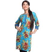 Blue Printed Cotton Stitched Kurti 