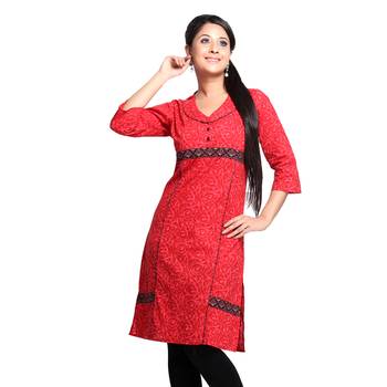 Red Printed Cotton Stitched Kurti  1