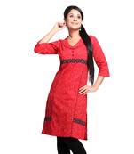 Red Printed Cotton Stitched Kurti 