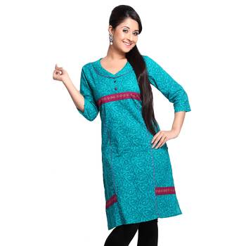Blue Printed Cotton Stitched Kurti  1