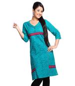Blue Printed Cotton Stitched Kurti 