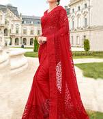Red Embroidered Faux Georgette Saree With Blouse