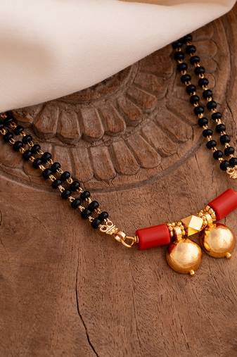 Black beads mangalsutra SHORT 18" with double vati pendant one gram gold