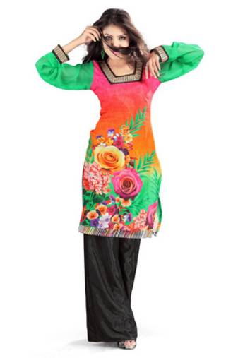 Multi Colour Cotton Satin Kurti showing Floral Print