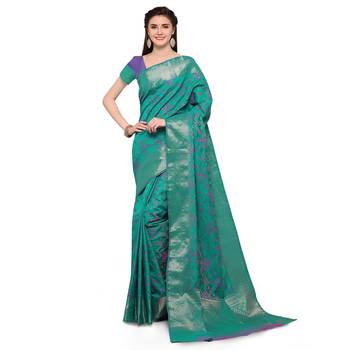 Turquoise Woven Jacquard Saree With Blouse 1
