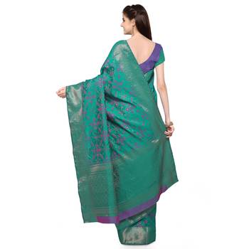 Turquoise Woven Jacquard Saree With Blouse 2