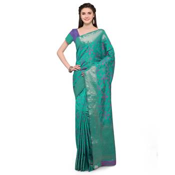 Turquoise Woven Jacquard Saree With Blouse 3
