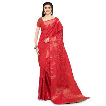 Red Woven Jacquard Saree With Blouse 3