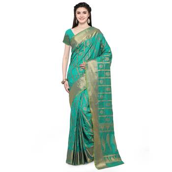 Turquoise Woven Jacquard Saree With Blouse 1