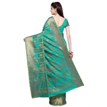 Turquoise Woven Jacquard Saree With Blouse 2