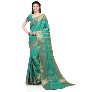 Turquoise Woven Jacquard Saree With Blouse 3