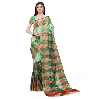 Green Woven Polycotton Saree With Blouse 3