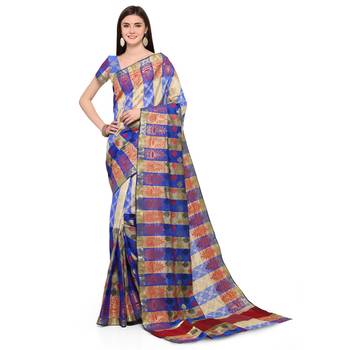 Blue woven polycotton saree with blouse 3