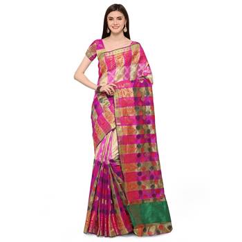Pink woven polycotton saree with blouse 1