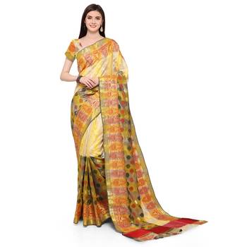 Yellow woven polycotton saree with blouse 1