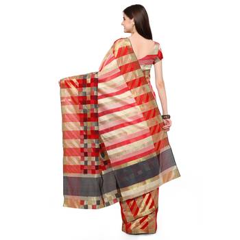 Red woven polycotton saree with blouse 2