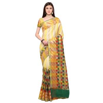Yellow woven polycotton saree with blouse 3