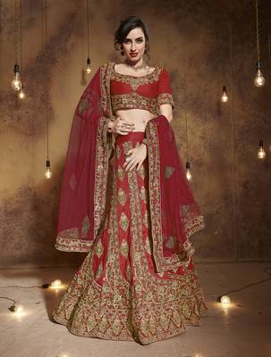 Red Embroidered Silk Unstitched Lehenga 1
