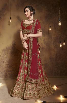 Red Embroidered Silk Unstitched Lehenga 2