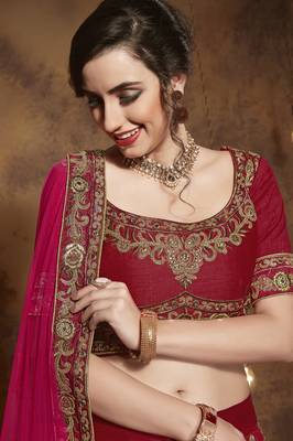 Red Embroidered Silk Unstitched Lehenga 3