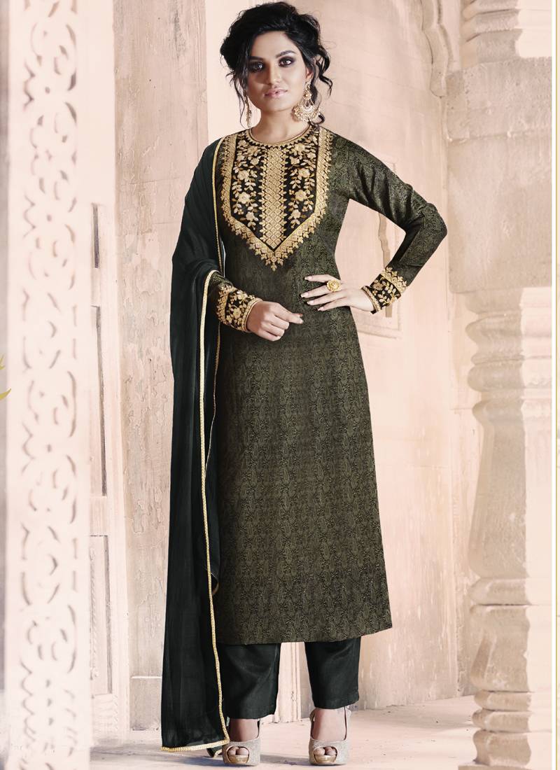 Black embroidered jacquard pakistani salwar kameez with dupatta