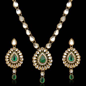 Antique jewelry white kundan like work green necklace set b160g 1