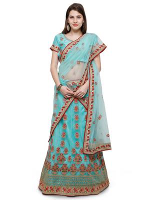 Turquoise Embroidered Net Unstitched Lehenga 1