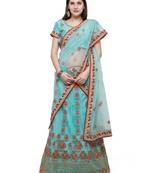 Turquoise Embroidered Net Unstitched Lehenga
