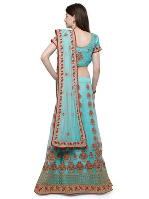 Turquoise Embroidered Net Unstitched Lehenga 3