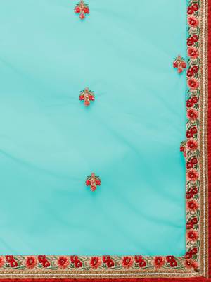Turquoise Embroidered Net Unstitched Lehenga 4